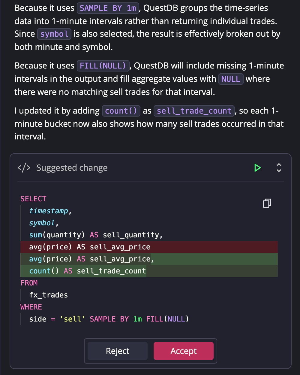AI suggestion showing diff view with original and modified SQL