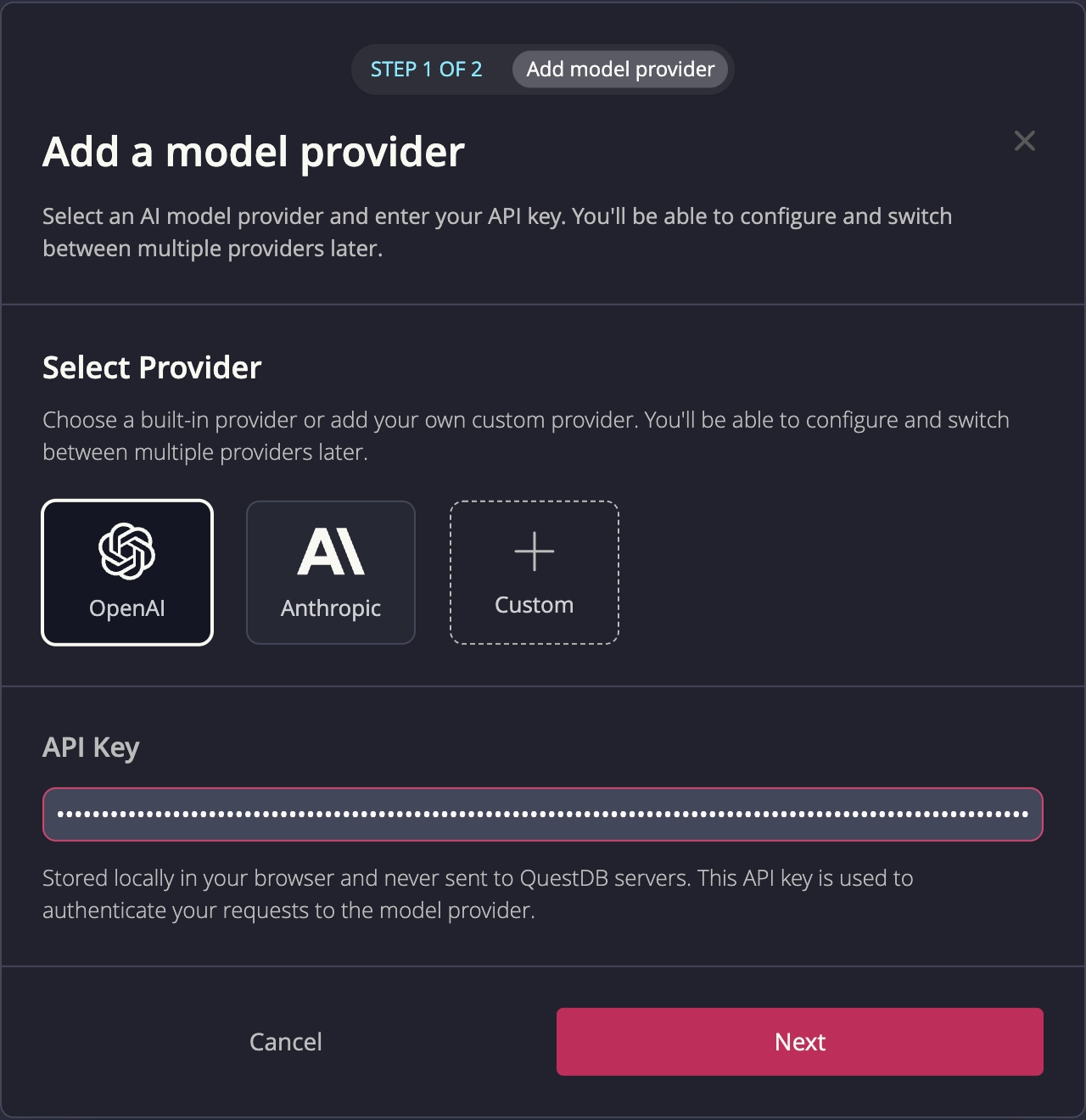 Configuration modal first step