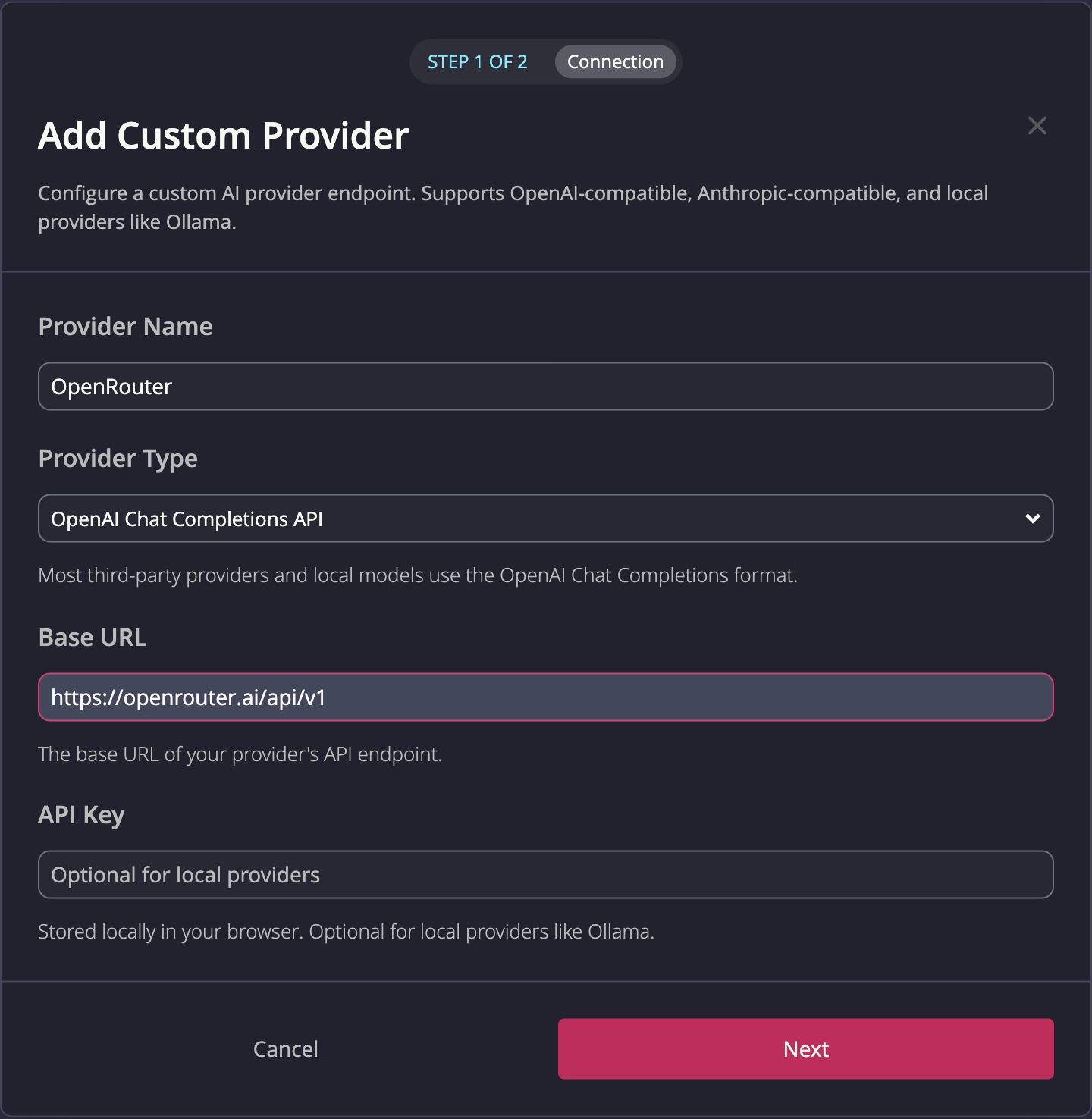 Custom provider connection form with OpenRouter as an example