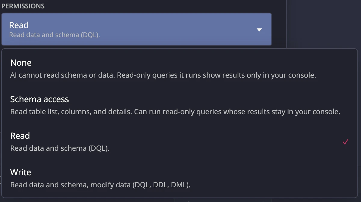 The four QuestDB MCP server permission levels in the pairing prompt