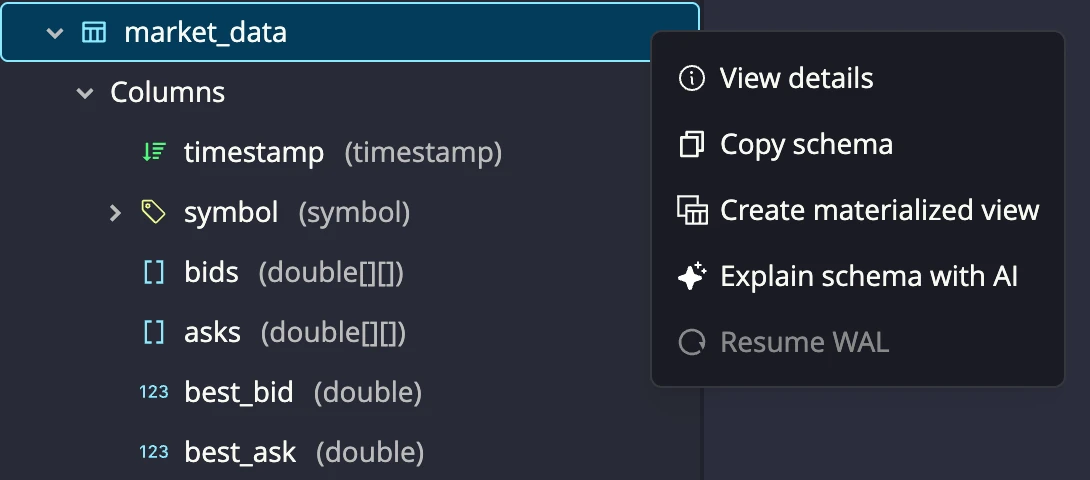 Table context menu for quick actions