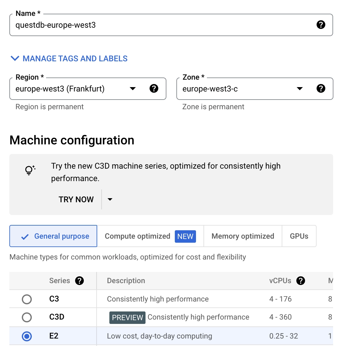Configuring a QuestDB VM on Google Cloud Platform Compute Engine